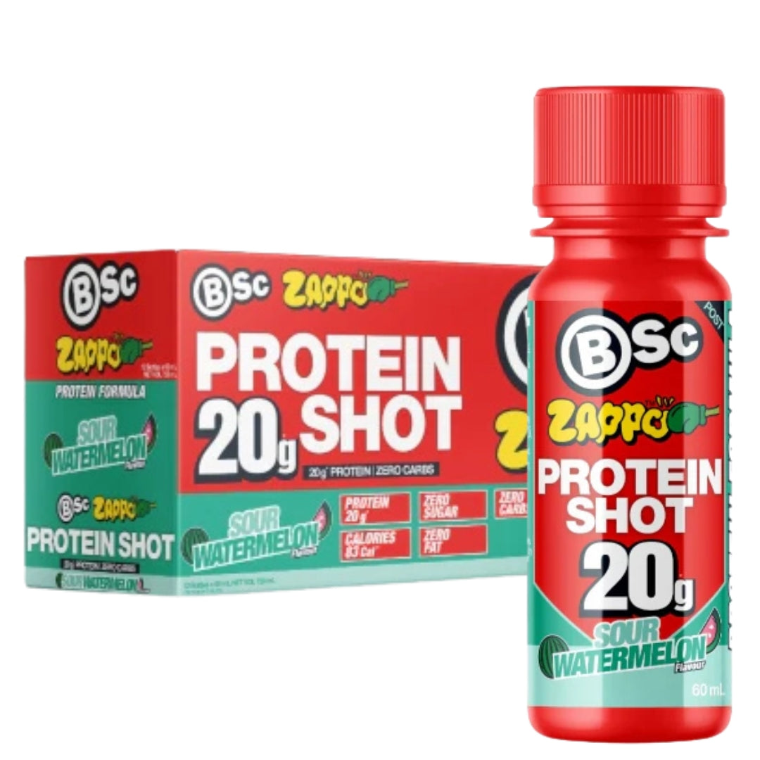 BSc Zappo Protein Shot bottle and packaging on a white background