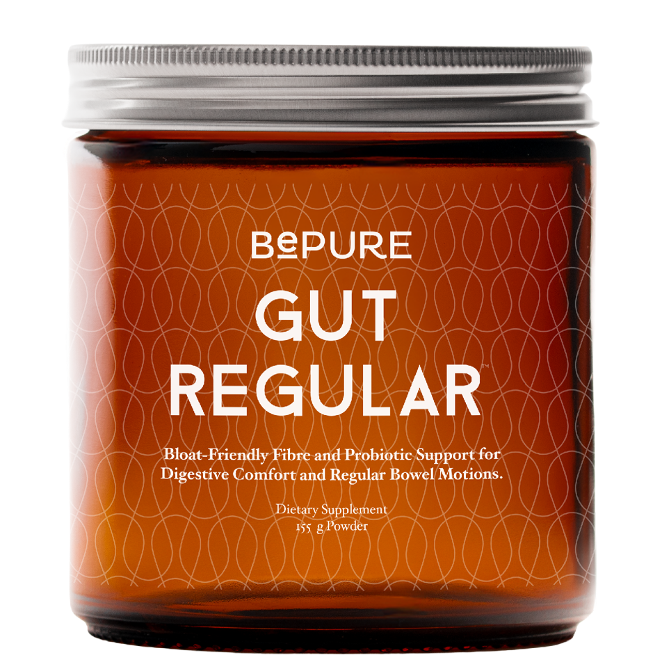 Jar of 'BePure Gut Regular' dietary supplement on a white background