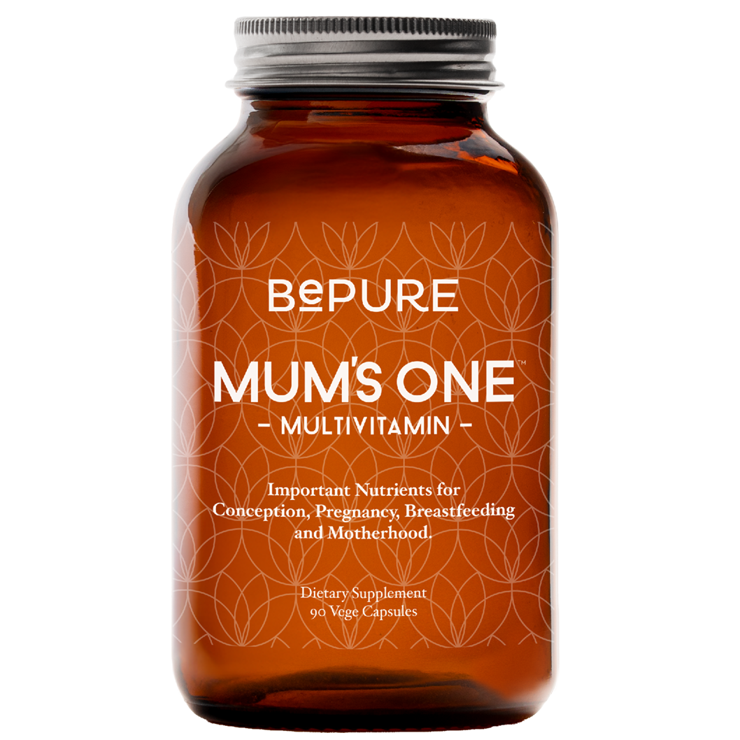 Brown supplement bottle labeled 'Bepure Mum's One Multivitamin' on a white background