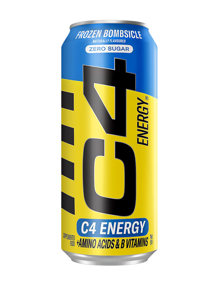 A pack of Cellucor C4 Energy carbonated energy drink cans in various flavors, with the brand's logo and color scheme prominently displayed.