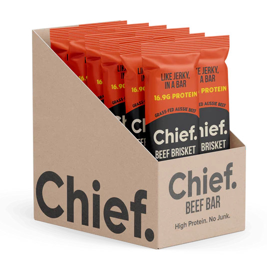 Box of Chief Beef Bar packages on a white background