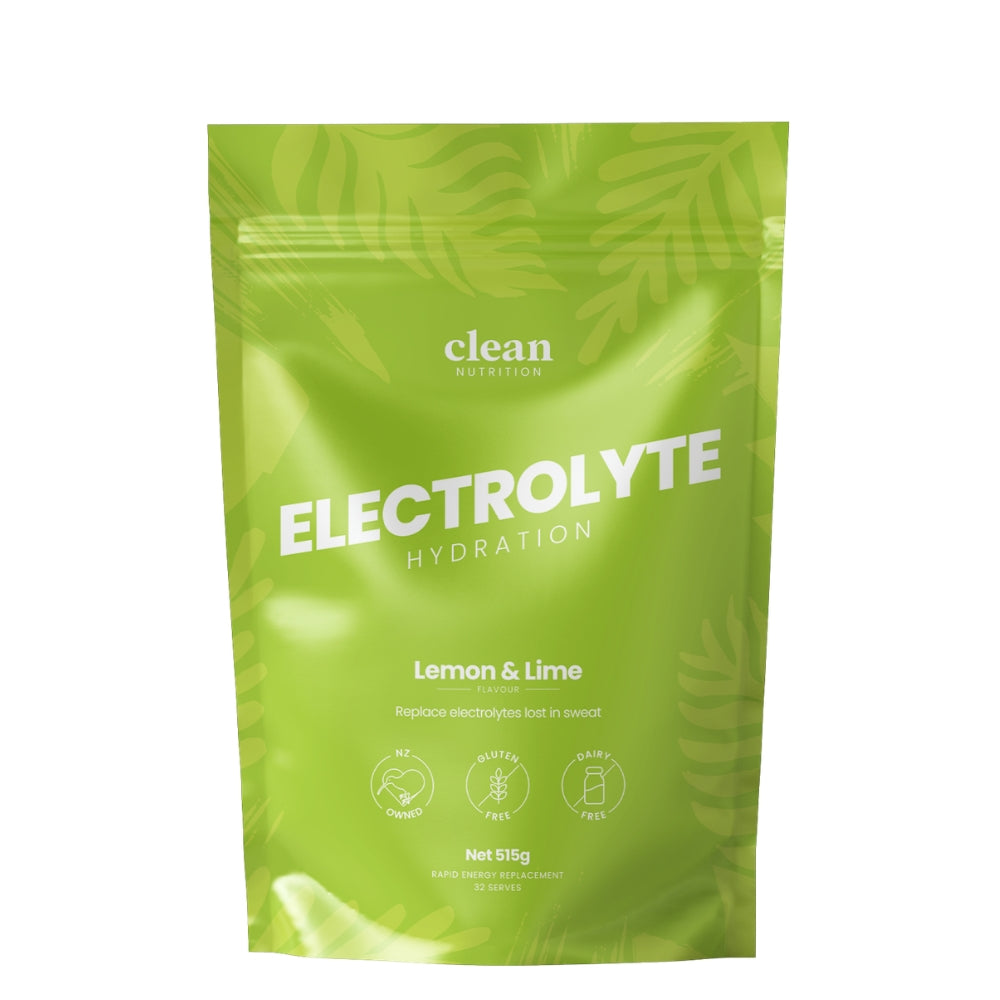 Green package of clean nutrition electrolyte powder with lemon and lime flavor on a white background