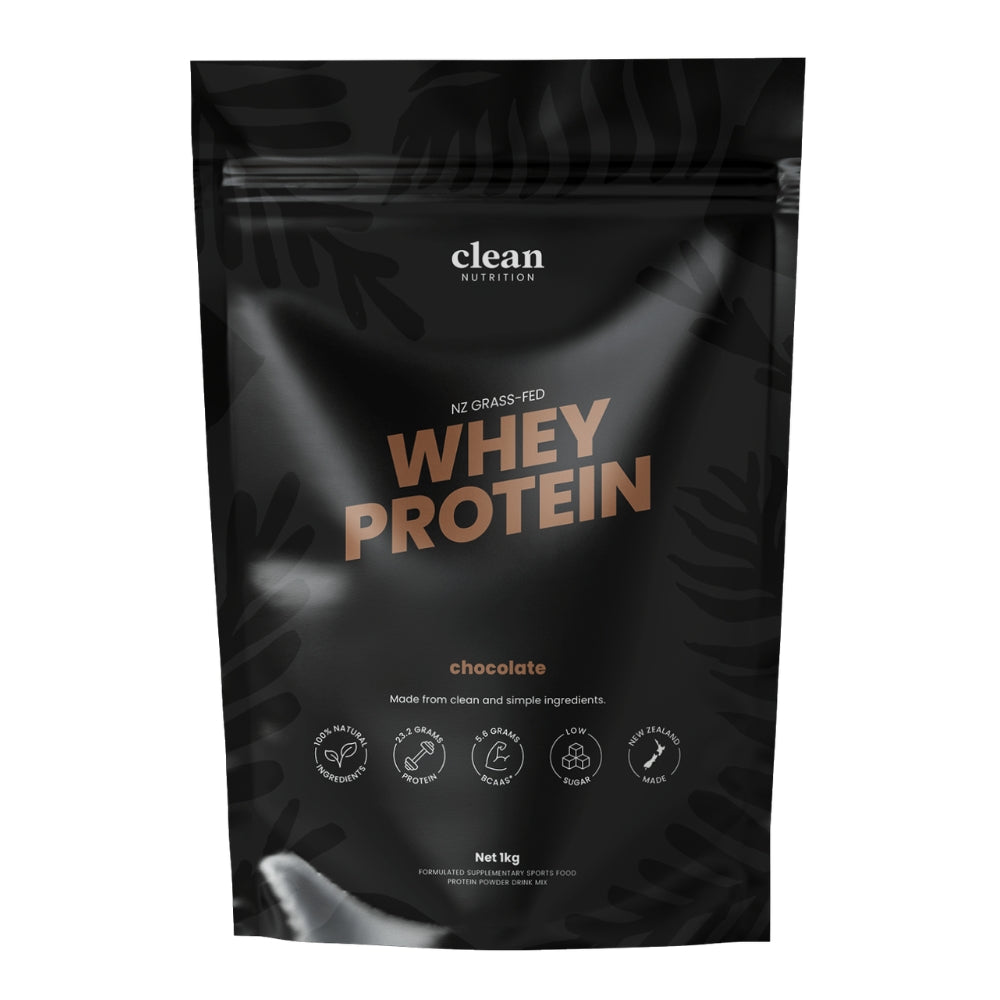 Black packaging of clean nutrition whey protein with chocolate flavor text