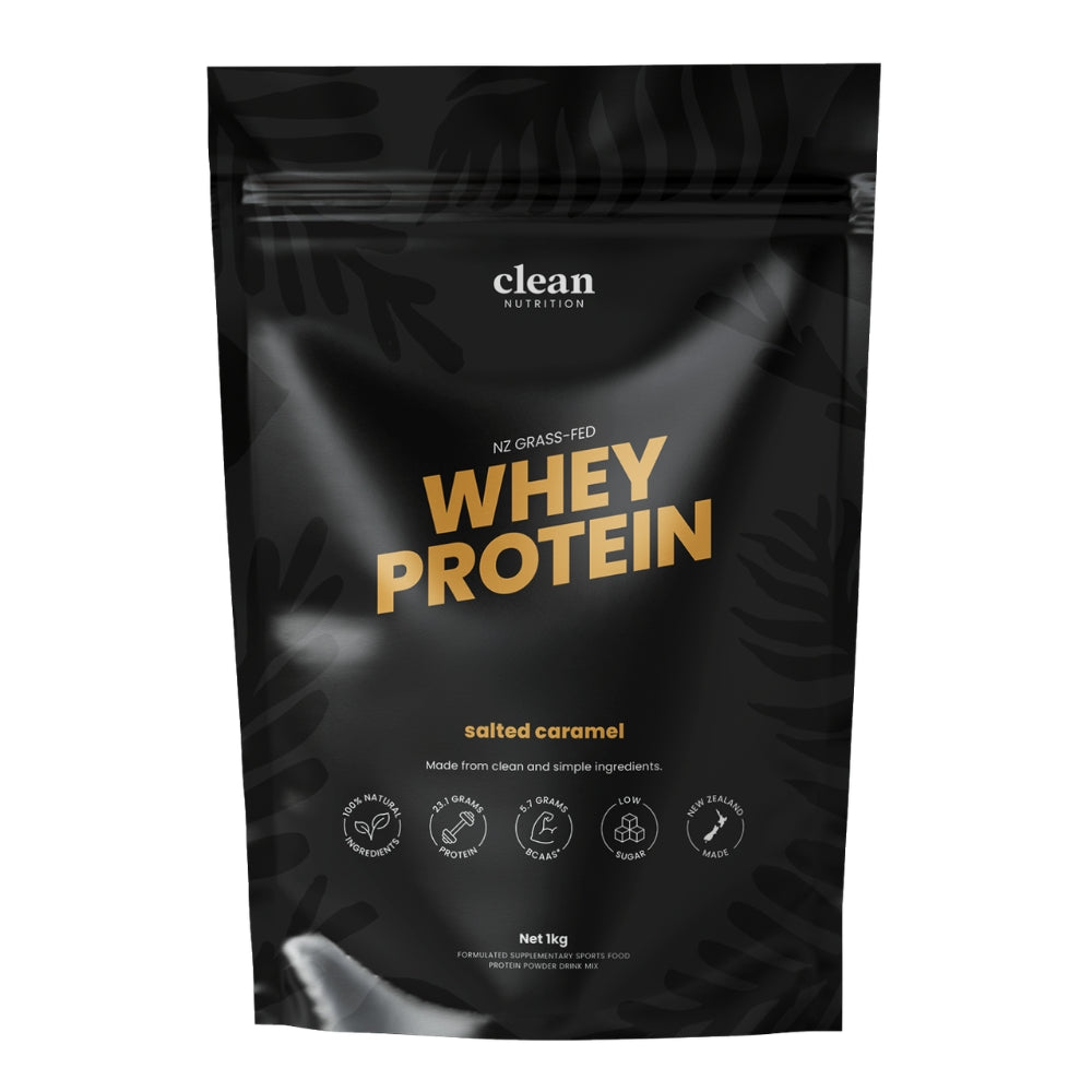 Black packaging of clean nutrition whey protein salted caramel flavour with gold text on a white background