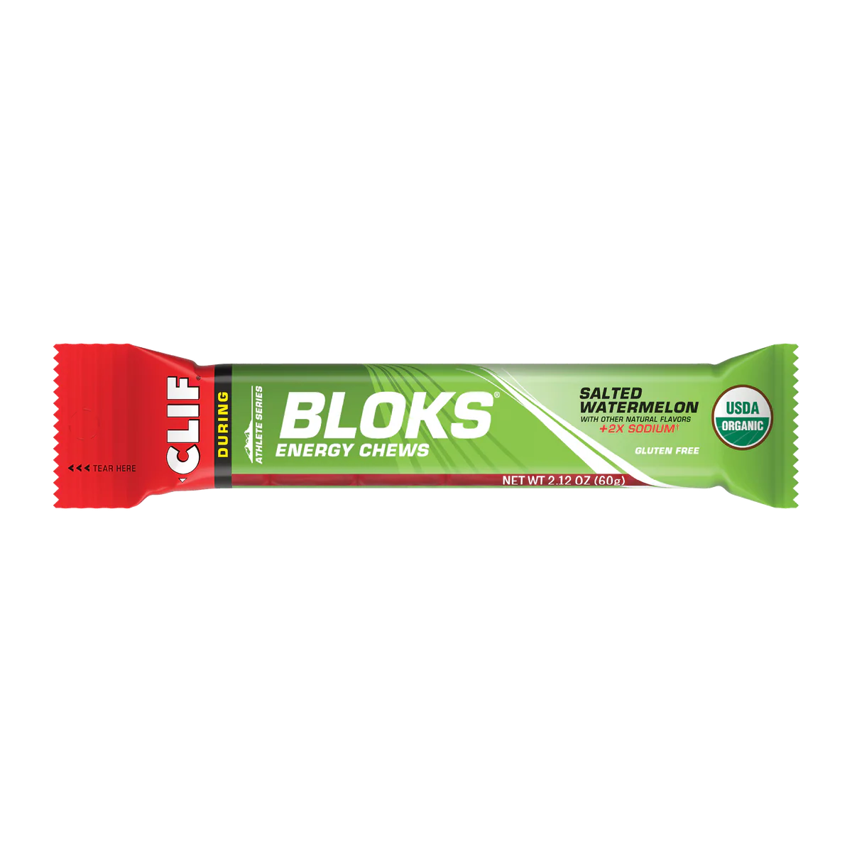Clif Bloks Salted Watermelon energy chew packaging on a white background