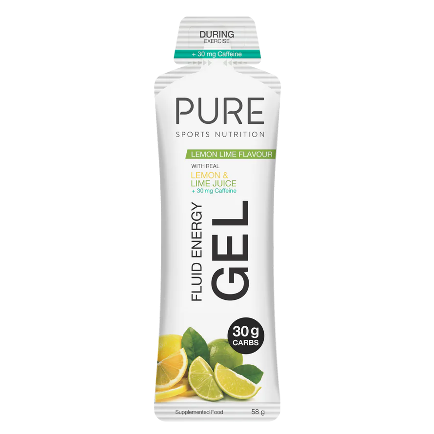PURE Sports Nutrition Fluid Energy Gel packaging with lemon and lime illustration on a white background