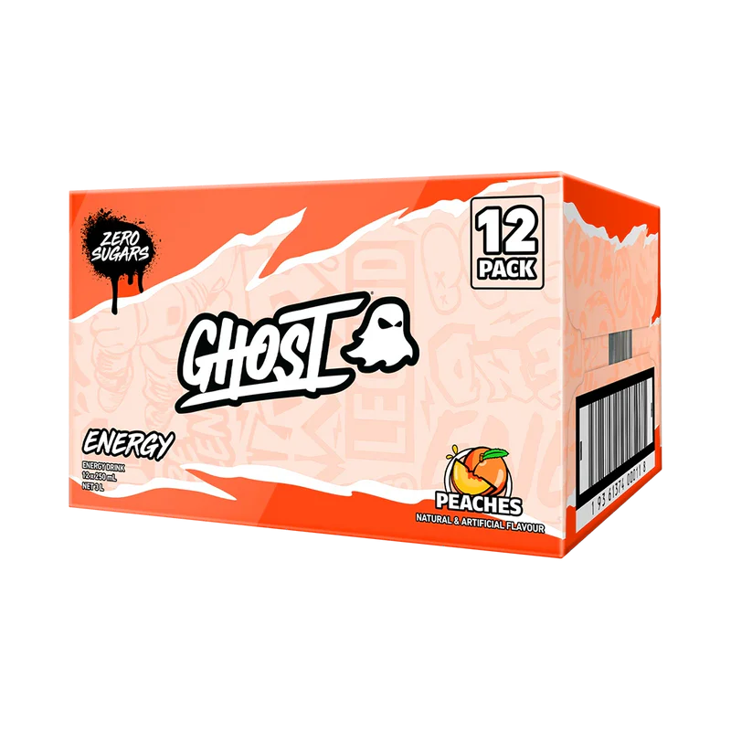 Box of Ghost Energy Peaches drinks with 12 packs on a white background