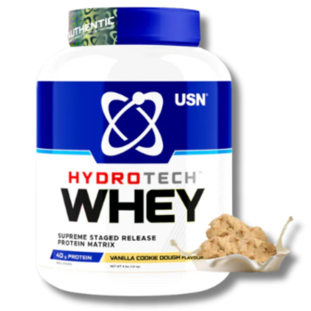 USN HydroTech Whey protein supplement bottle with vanilla cookie dough flavor illustration on a white background