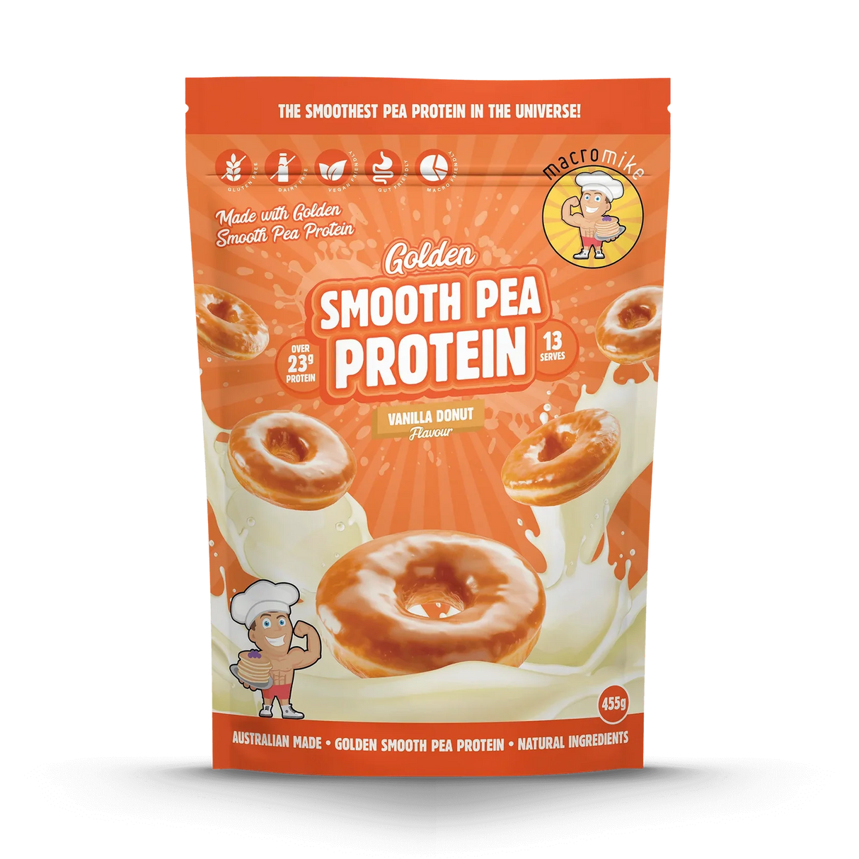 Package of Golden Smooth Pea Protein Vanilla Donut flavor on a white background
