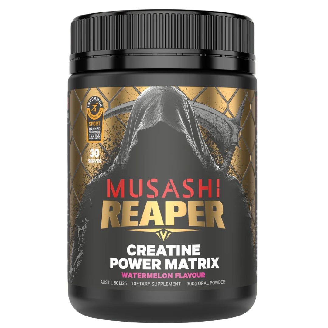Musashi Reaper creatine powder container on a white background