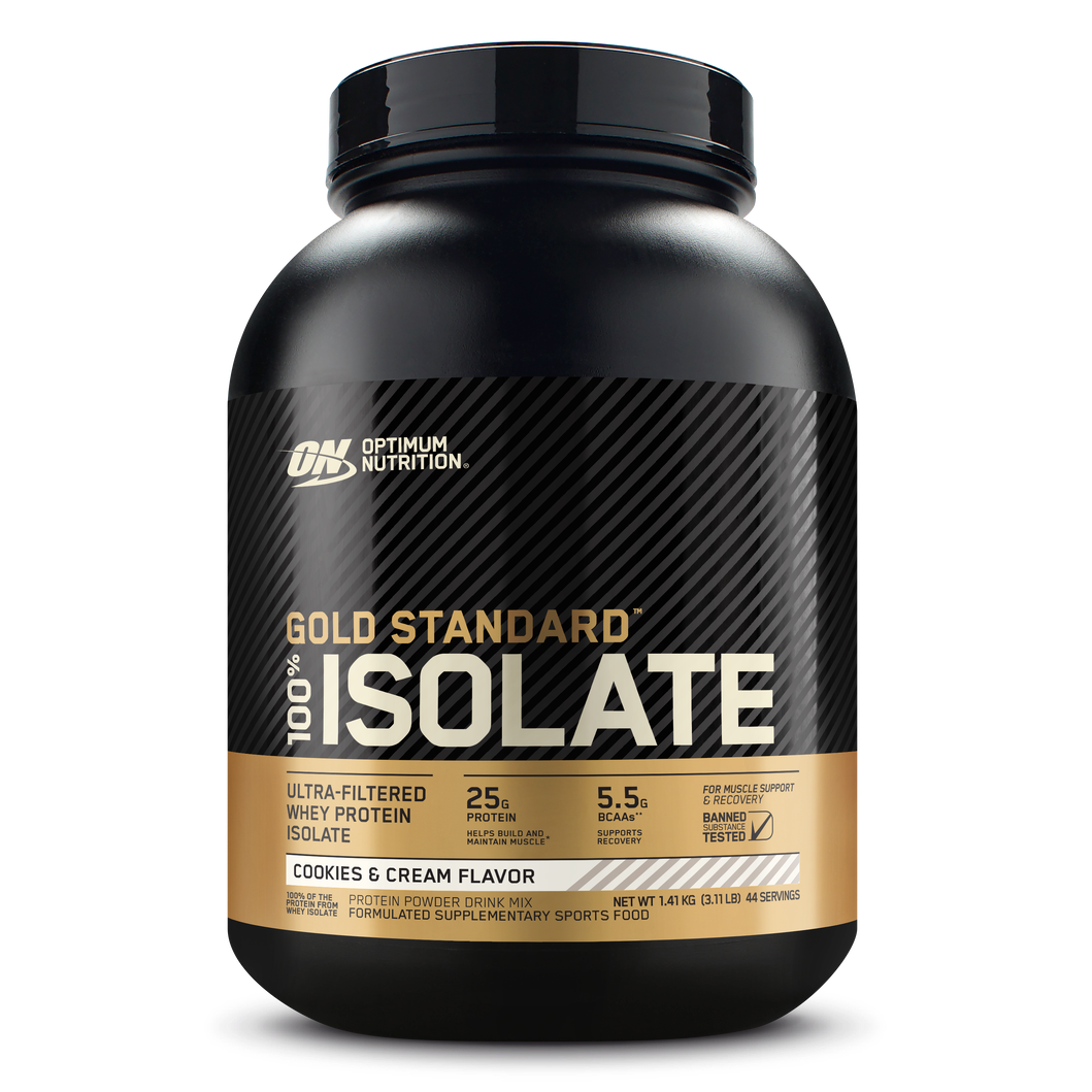 Optimum Nutrition Gold Standard 100% Isolate protein powder container on a white background