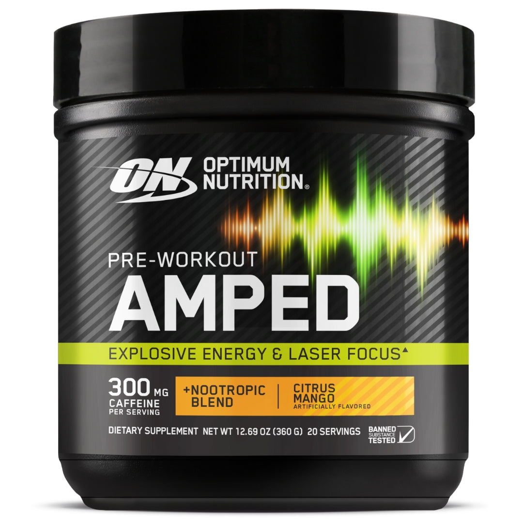 Optimum Nutrition Amped pre-workout supplement container on a white background