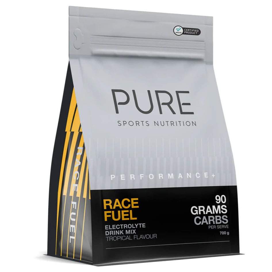 PURE Sports Nutrition Race Fuel electrolyte drink mix package on a white background