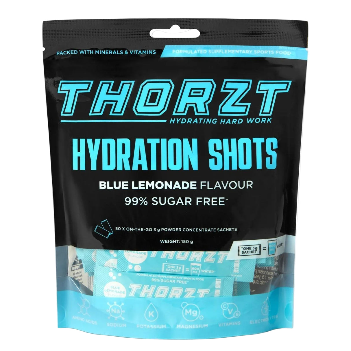 Thorzt hydration shots packaging with blue lemonade flavor on a white background
