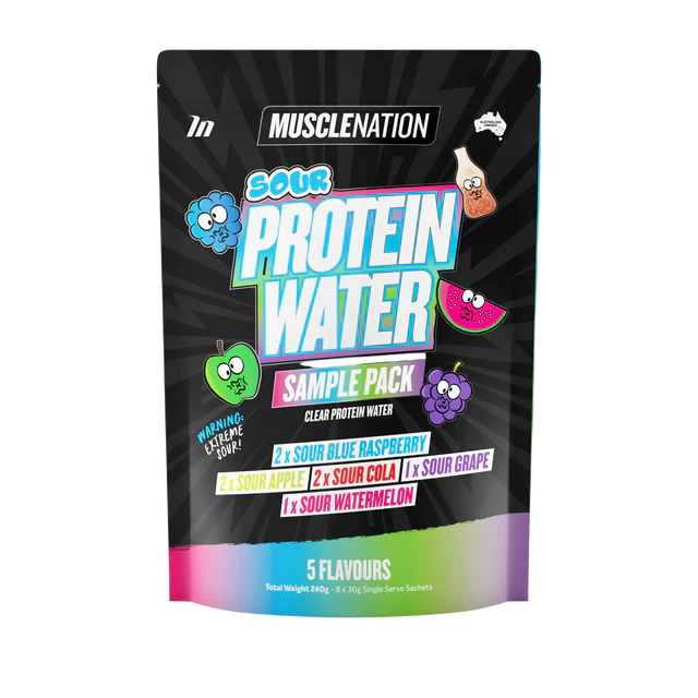 Musclemenation Sour Protein Water sample pack on a white background