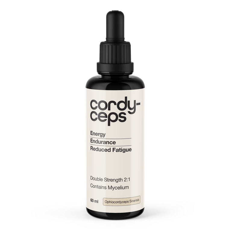 Bottle of Cordyceps supplement with dropper on a white background