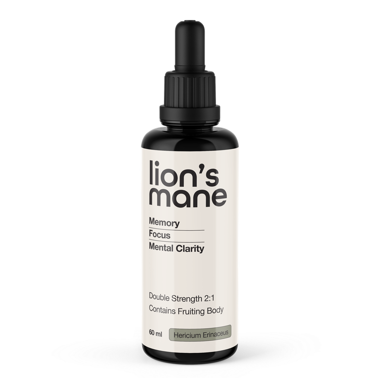 Bottle of 'lion's mane' supplement with a dropper on a white background