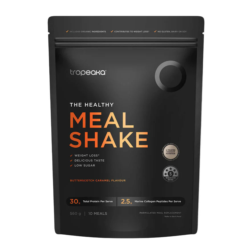 Black package of troopeaka meal shake butterscotch caramel flavour with orange and white text on a white background