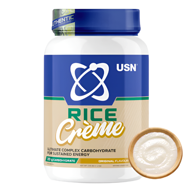 A container of USN Rice Crème, a rice-based energy supplement, with a small open scoop showing the white rice flour inside.