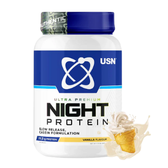 USN Night Protein supplement bottle with vanilla flavor illustration on a white background