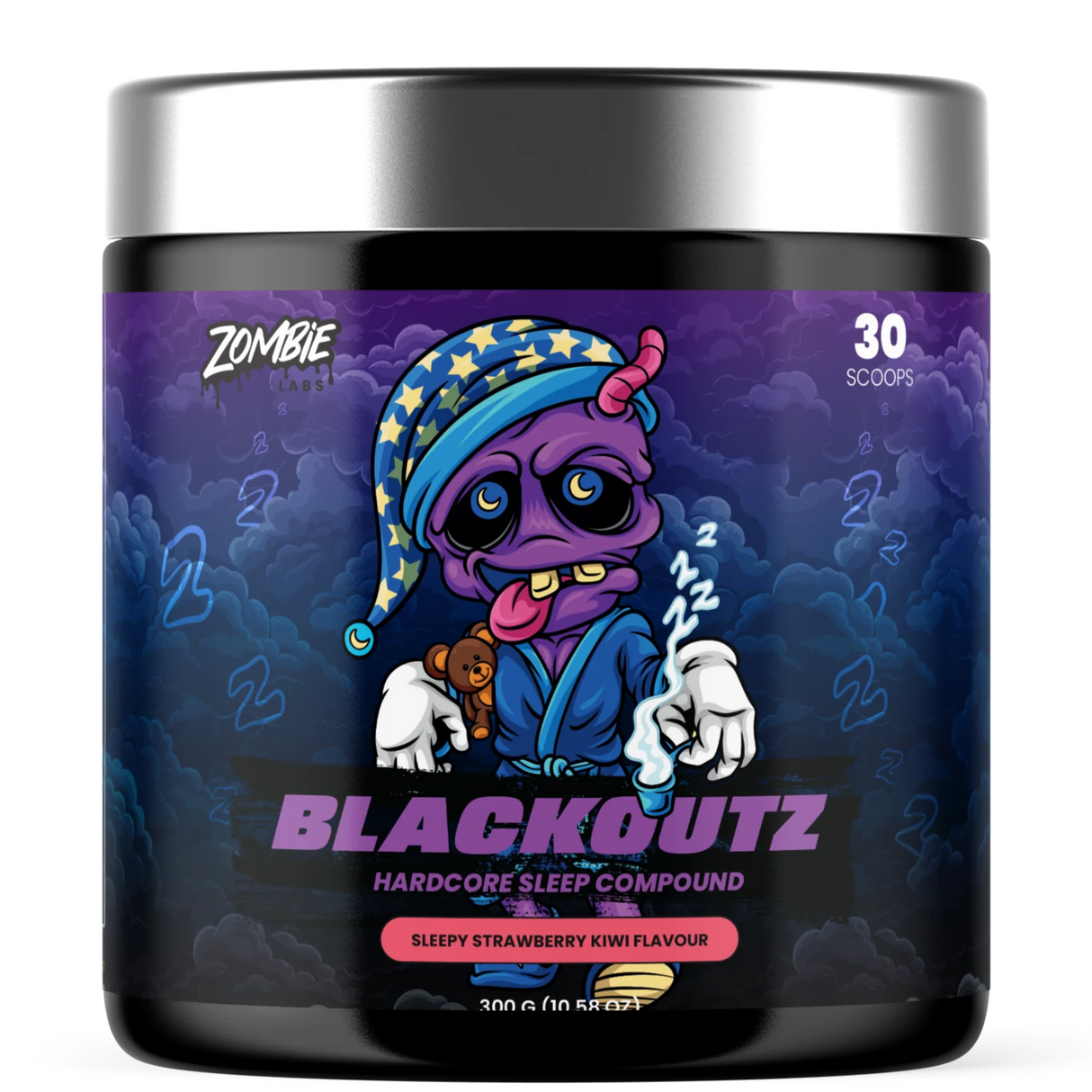 Blackoutz hardcore sleep compound container with colorful label on a white background