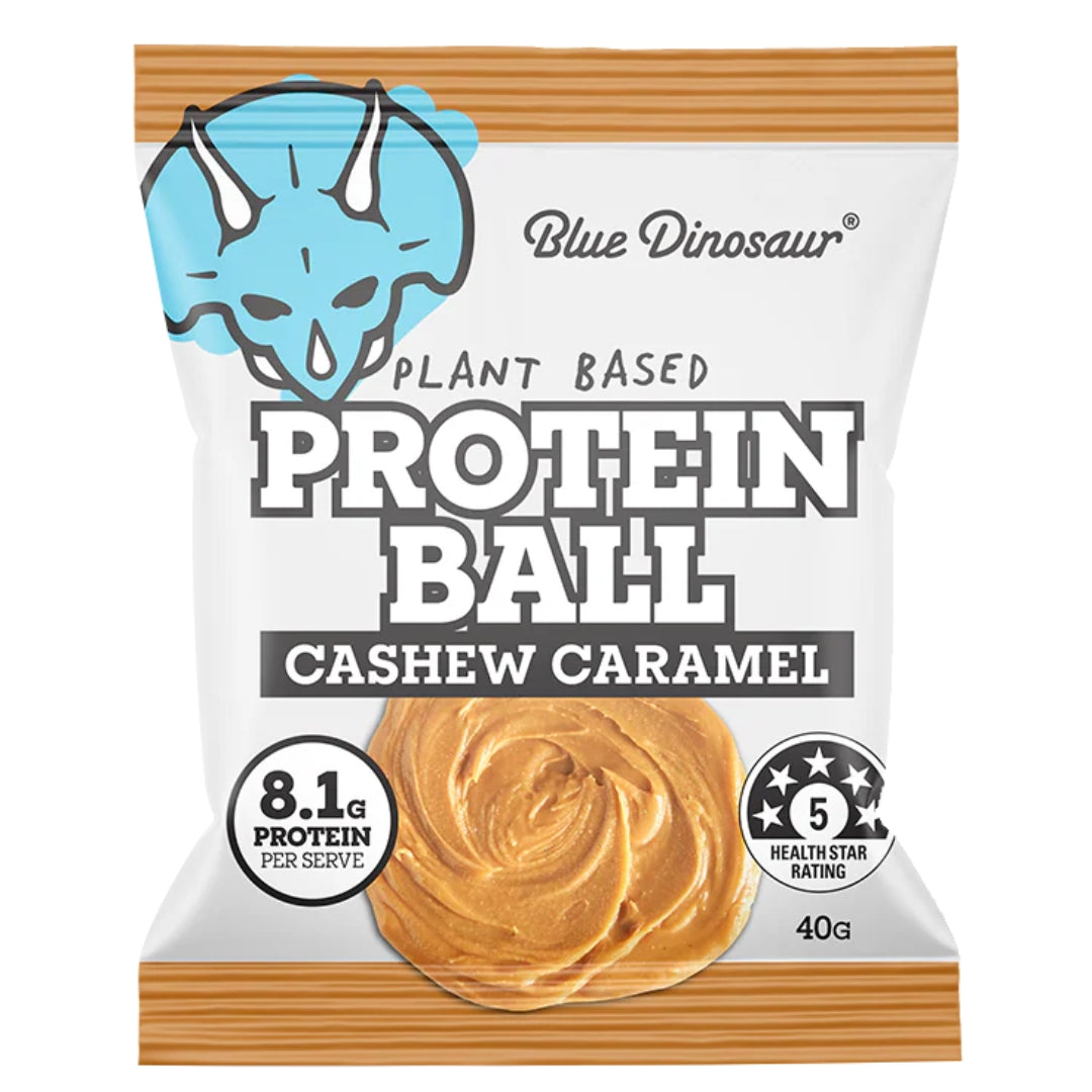 Protein ball package with Blue Dinosaur branding and cashew caramel flavor information.