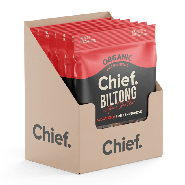Chief Organic Grass-Fed Beef Biltong 90g 12 Box / Chilli & Beef