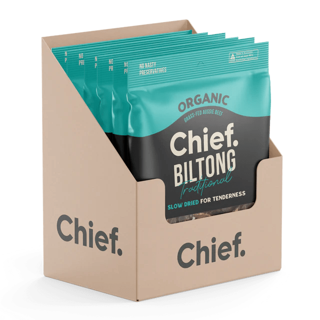Chief Organic Grass-Fed Beef Biltong 90g 12 Box / Traditional