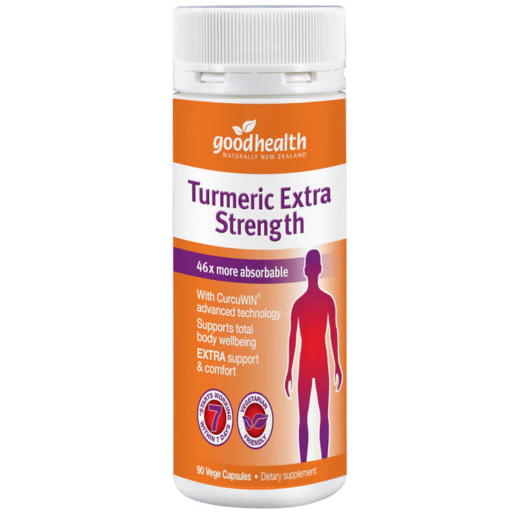 Good Health Turmeric Extra Strength supplement bottle on a white background