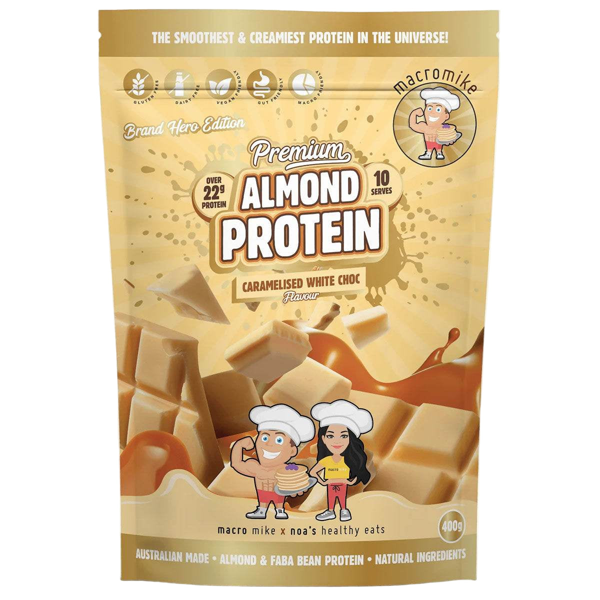 Package of almond protein with cartoon characters on a white background