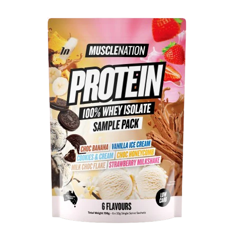 Muscle Nation protein sample pack with various flavors on a white background