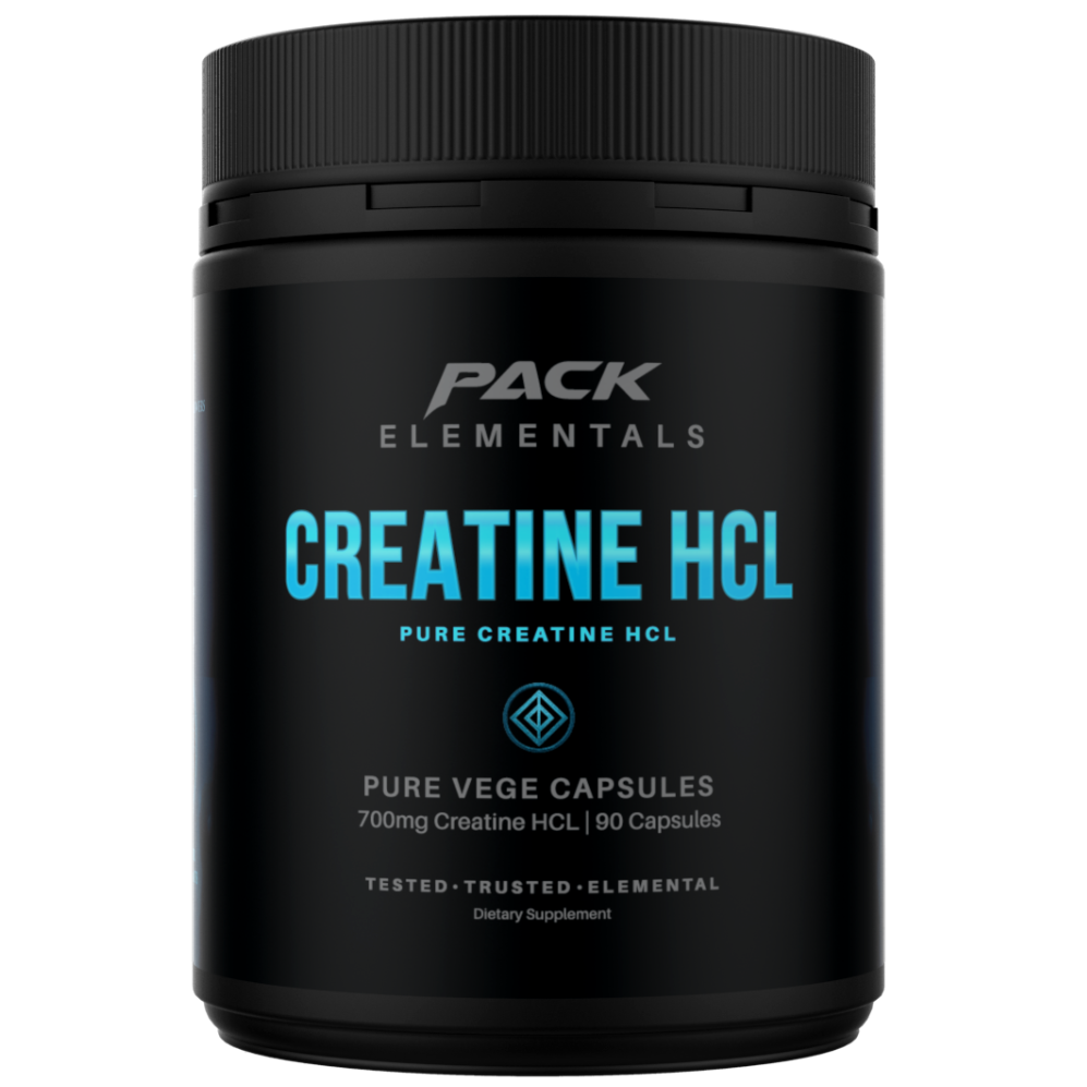 Black container of Pack Elementals Creatine HCL on a white background