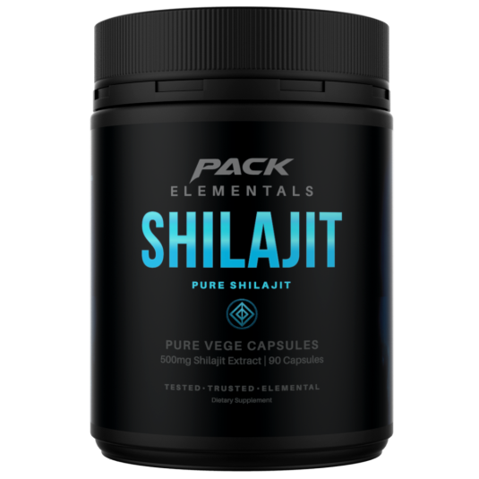 Black container of Pack Elementals Shilajit on a white background