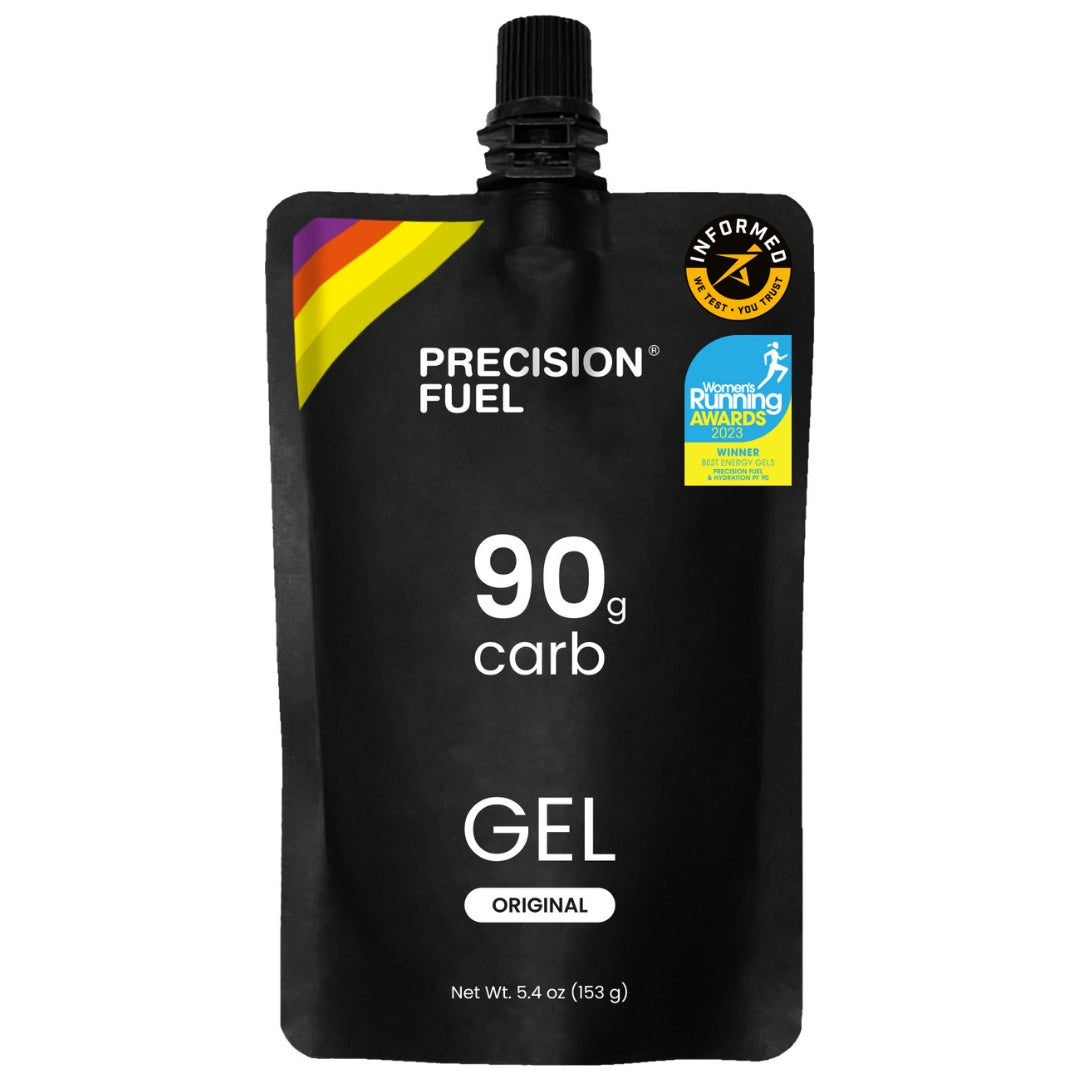 Black gel pack with 'Precision Fuel' branding and '90g carb' label on a white background