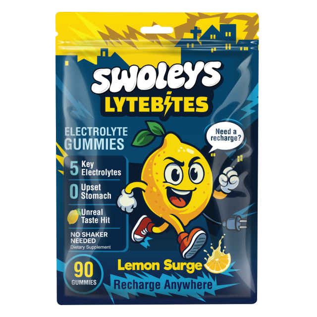 Swoley's LyteBites Lemon Surge gummy supplement packaging on a white background