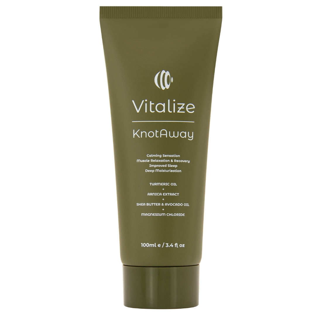 Green tube of Vitalize KnotAway on a white background