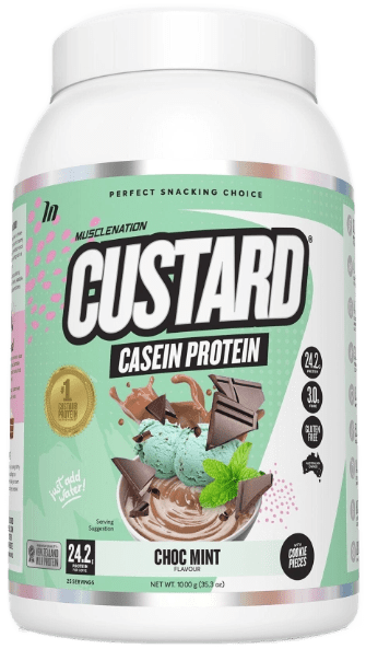 Muscle Nation Custard Casein Protein 1kg Choc Mint w/ real flake pieces