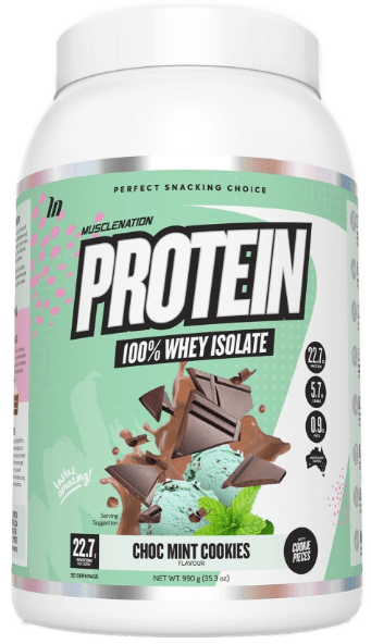 Muscle Nation Protein 100% Whey Isolate Choc Mint Cookie w/ cookie pieces