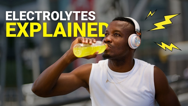Person taking a drink of electrolytes with text "electrolytes explained" behind him