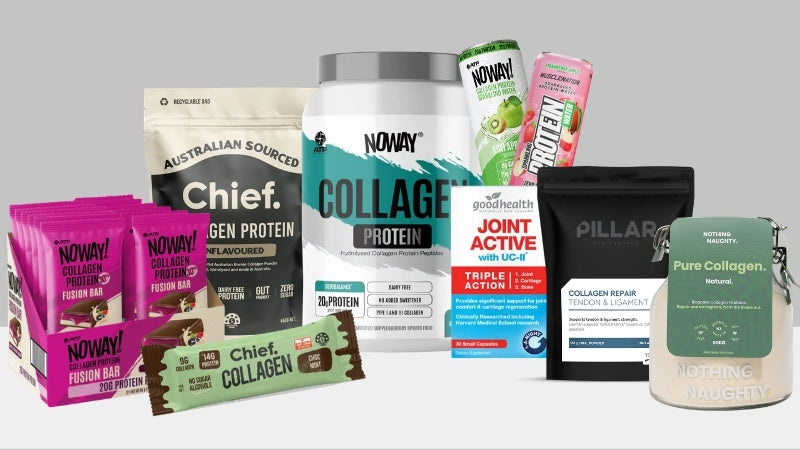 an array of collagen protein supplements on a white and grey background