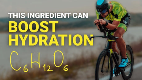 Man cycling with text "This ingredient can boost hydration" with the molecular formula of carbohydrate below