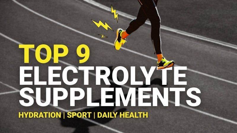 Women running on an athletics track with header "Top 9 Electrolyte Supplements" in white and yellow text