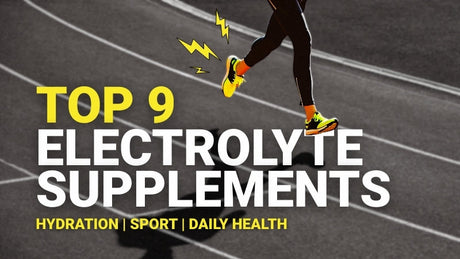 Women running on an athletics track with header "Top 9 Electrolyte Supplements" in white and yellow text