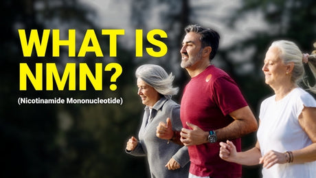 Three middle aged people jogging, with added text to the left of them saying "what is NMN?"