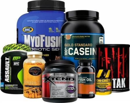 Containers with different types of sport supplements.