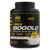 Black protein supplement container with yellow and white text on a white background