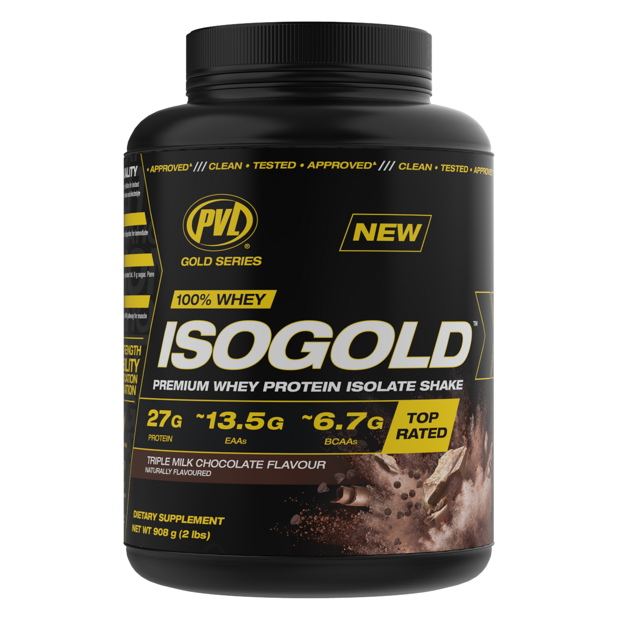 Black protein supplement container with yellow and white text on a white background