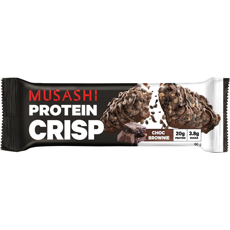 Musashi Protein Crisp Choc Brownie bar packaging on a white background