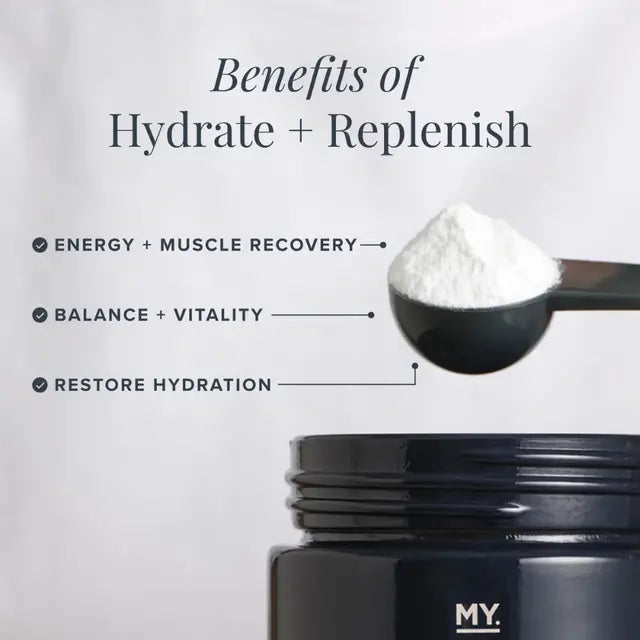 Black container of powder with a scoop full of powder, labeled 'MY', on a white background with text about benefits.