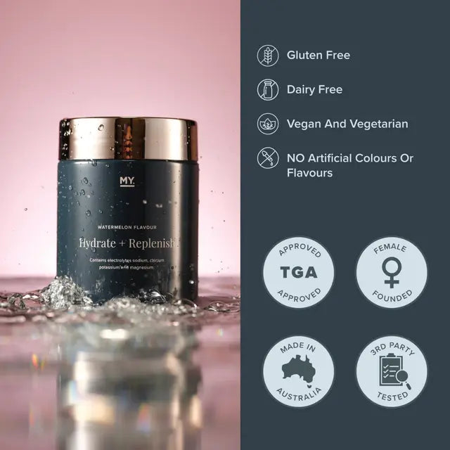 Blue container with silver lid on a reflective surface, pink gradient background, and certification icons on the right.